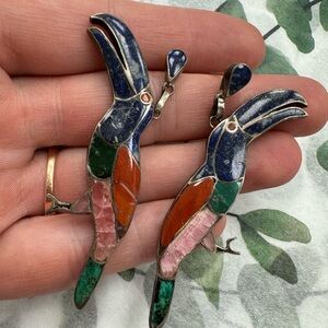 Antique/ vintage multi-stone inlay toucan bird Sterling silver earrings